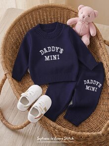 Cozy Pixies 男嬰新生兒卡通字母刺繡針織套頭上衣與長褲2件套，百搭休閒時尚，適合秋冬穿著 - 彩色 - 查看 1