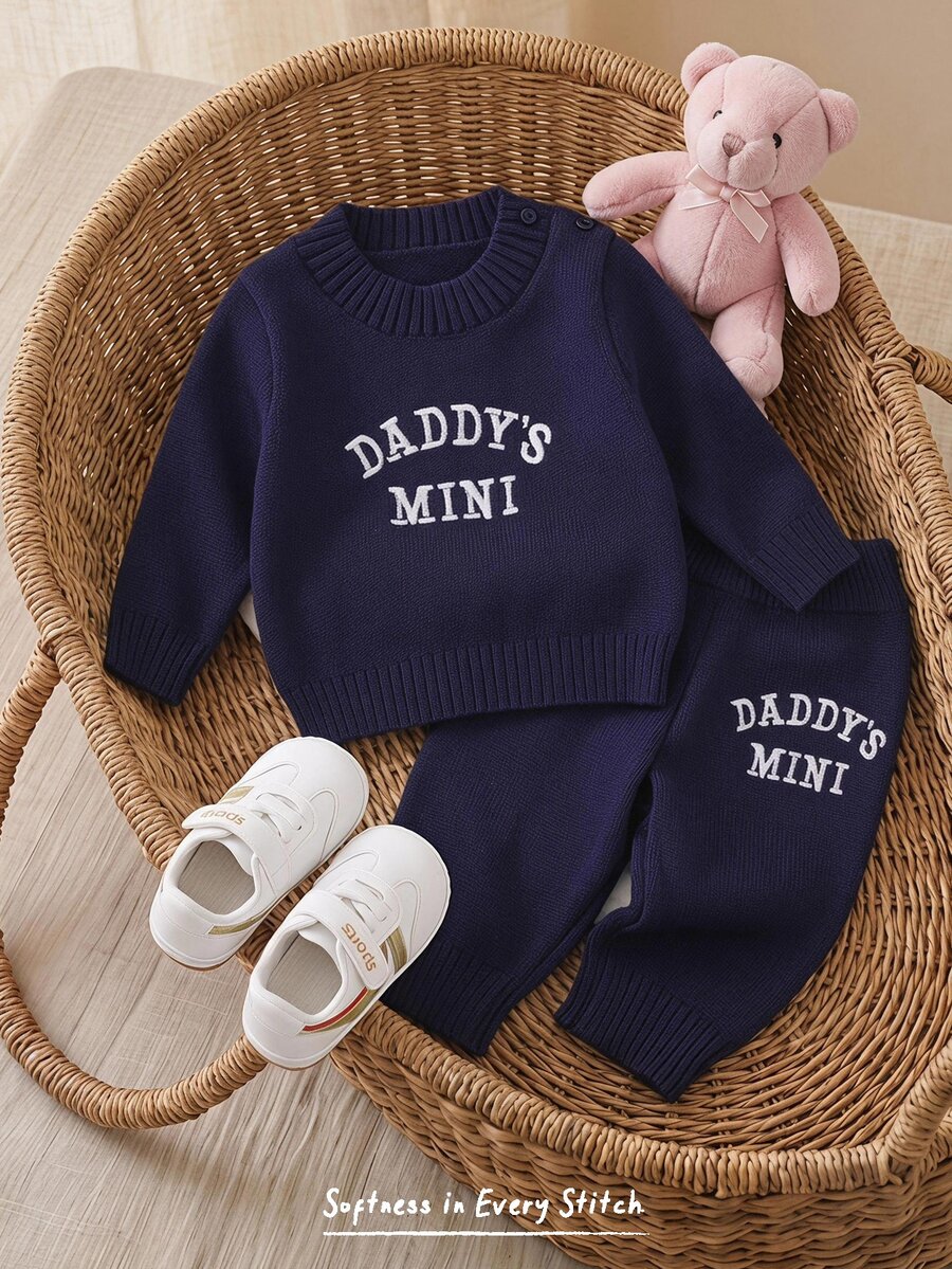 Cozy Pixies 男嬰新生兒卡通字母刺繡針織套頭上衣與長褲2件套，百搭休閒時尚，適合秋冬穿著 - 彩色 - 查看 1