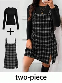 SHEIN Frenchy طقم من قطعتين مقاس كبير بتصميم بسيط، ملابس علوية بأكمام طويلة وفستان بنقشة كاروهات مع فتحة عند الحافة، للخريف - متعدد الألوان - مشاهدة 1