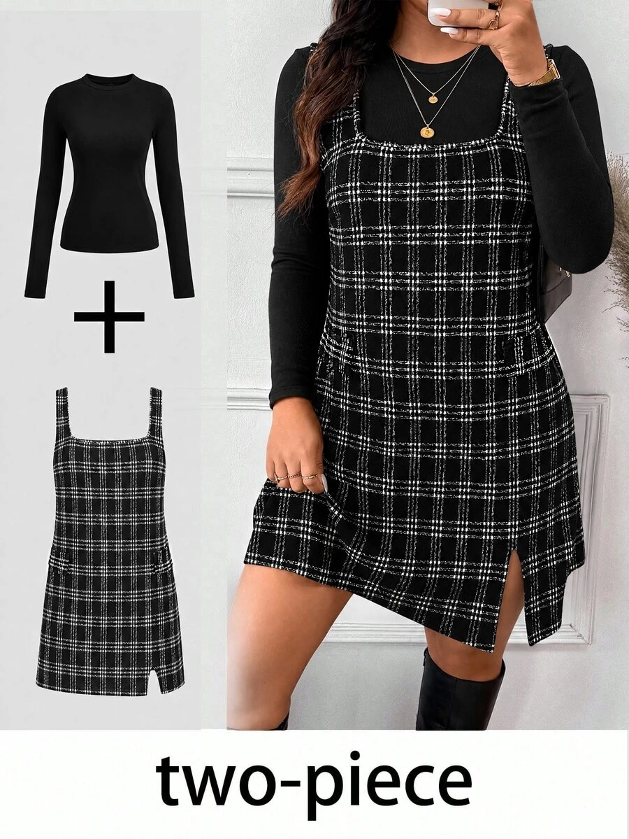 SHEIN Frenchy طقم من قطعتين مقاس كبير بتصميم بسيط، ملابس علوية بأكمام طويلة وفستان بنقشة كاروهات مع فتحة عند الحافة، للخريف - متعدد الألوان - مشاهدة 1