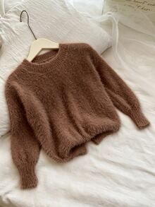 Genkimix Kids Young Girl Sweater, Fuzzy Brown Crewneck Long Sleeve Solid Knit Pullover - Brown - View 1