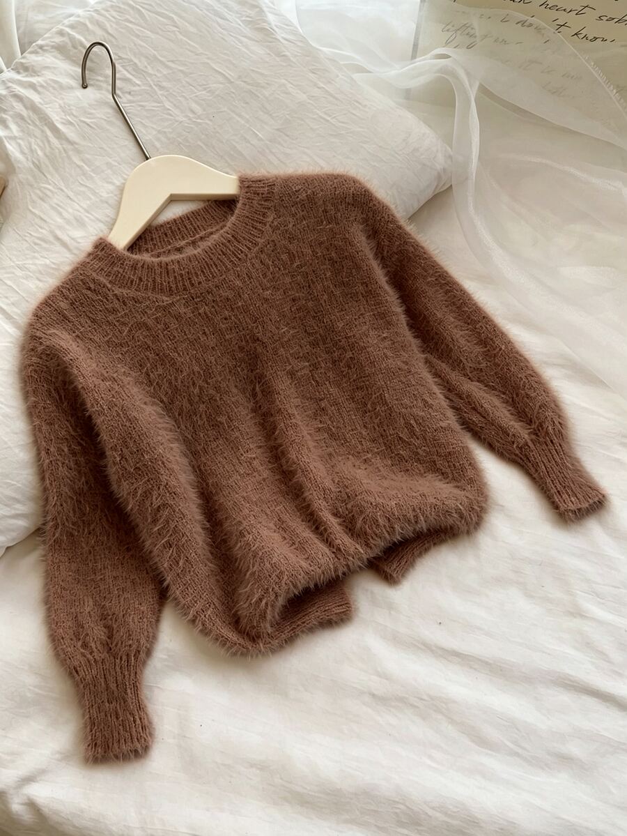 Genkimix Kids Young Girl Sweater, Fuzzy Brown Crewneck Long Sleeve Solid Knit Pullover - Brown - View 1