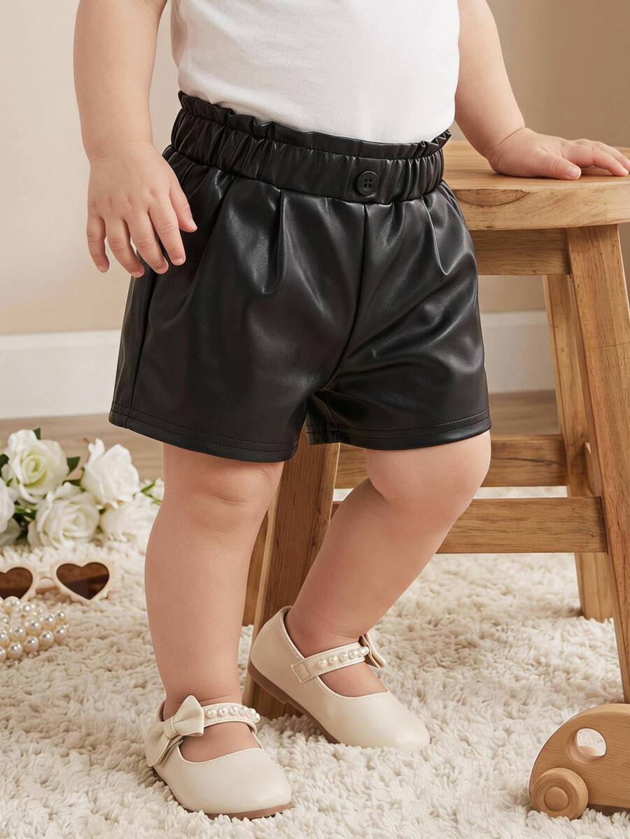 LMoss Kids 女嬰純色PU皮革短褲,法式優雅淑女風,返校季時尚街頭風 - 黑色 - 查看 1