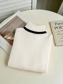 Franclia 新款女款時尚拼色抓絨內裡高領套頭毛衣，適合秋冬穿著 - 白色 - 查看 7