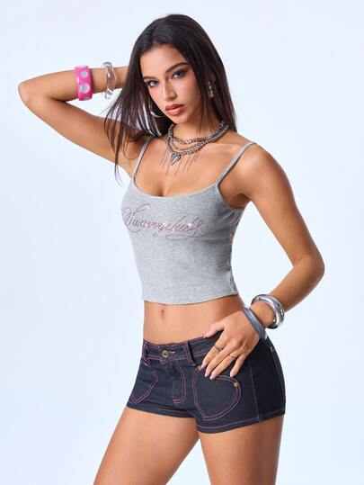 Y2Kool Grey Hollow Back Rhinestone Letter Slogan Sports Y2K Hot Girl Casual Street Dark Punk Women's Tank Top Suitable For Autumn/Winter Party Holiday Island Vacation Party Music Festival Electronic Music Festival Daily Halloween Outfit