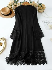 EMERY ROSE Plus Size Women's Best-Selling Elegant Ribbed Brushed Lace Trim Patchwork Mid-Length Shawl Cardigan, Minimalist Slimming Cut Design, Suitable For Daily Commute, Outings, Dates And Gatherings - Black - View 2