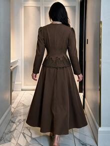 Modelyn Women's Elegant Vintage Fashion High-End Cinched Waist Lace Patchwork Long Sleeve Top And A-Line Skirt 2 Pieces Set Dinner Party Coffee Brown Fall - Brown - View 3