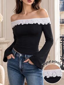 Cévolie Cold Shoulder Square Neck Floral Print Flared Sleeve Top, Slim Fit Cropped Long Sleeve T-Shirt - Black and White - View 1