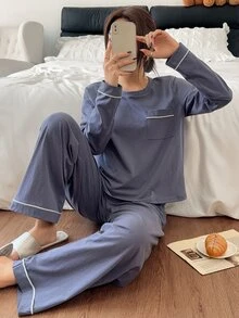 Napfluff طقم بيجامة نسائي من القطن 100% محبوك مريح بتصميم حواف وأكمام طويلة - أزرق بحري - مشاهدة 8