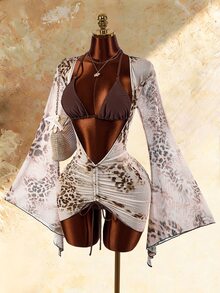 Amplova Women's 3 Pieces Solid Color Bikini Set Ruffled Bell Sleeve Cover-Up, Vintage Sexy Avant-Garde, Cute Mini Swimwear Hot Springs Beach Brown Summer - Brown - View 7