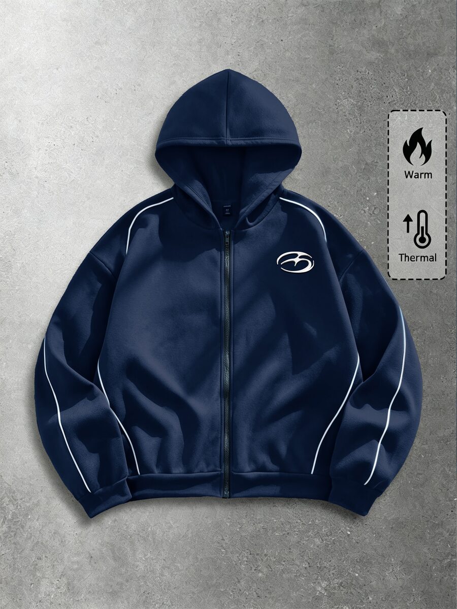 ROMWE MEN Street Life Men's Streetwear Striped Colorblock Zip-Up Hoodie - Navy Blue - View 1