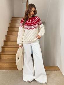 Easowa Women's Textured Holiday Jacquard Long Sleeve Sweater For Vacation - Red and White - View 2