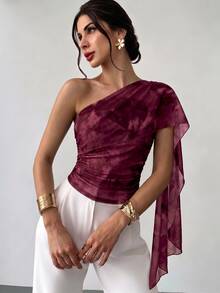 Firerie Women's One Shoulder Floral Print Ribbon Top - Burgundy - View 5