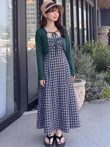 Bijouette Plus Size Korean Style Plaid Cami Dress With Lace-Up Long Sleeve Cardigan 2 Pieces Set Fall - Navy Blue - View 12