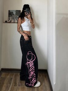 StreetHx 女款休閒日常旅行牛仔褲，附口袋、鈕扣與字母圖案 - 黑色 - 查看 7