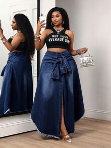 Slaydiva Plus Size Sexy Button Pocket Frayed Hem Denim Skirt - Blue - View 6