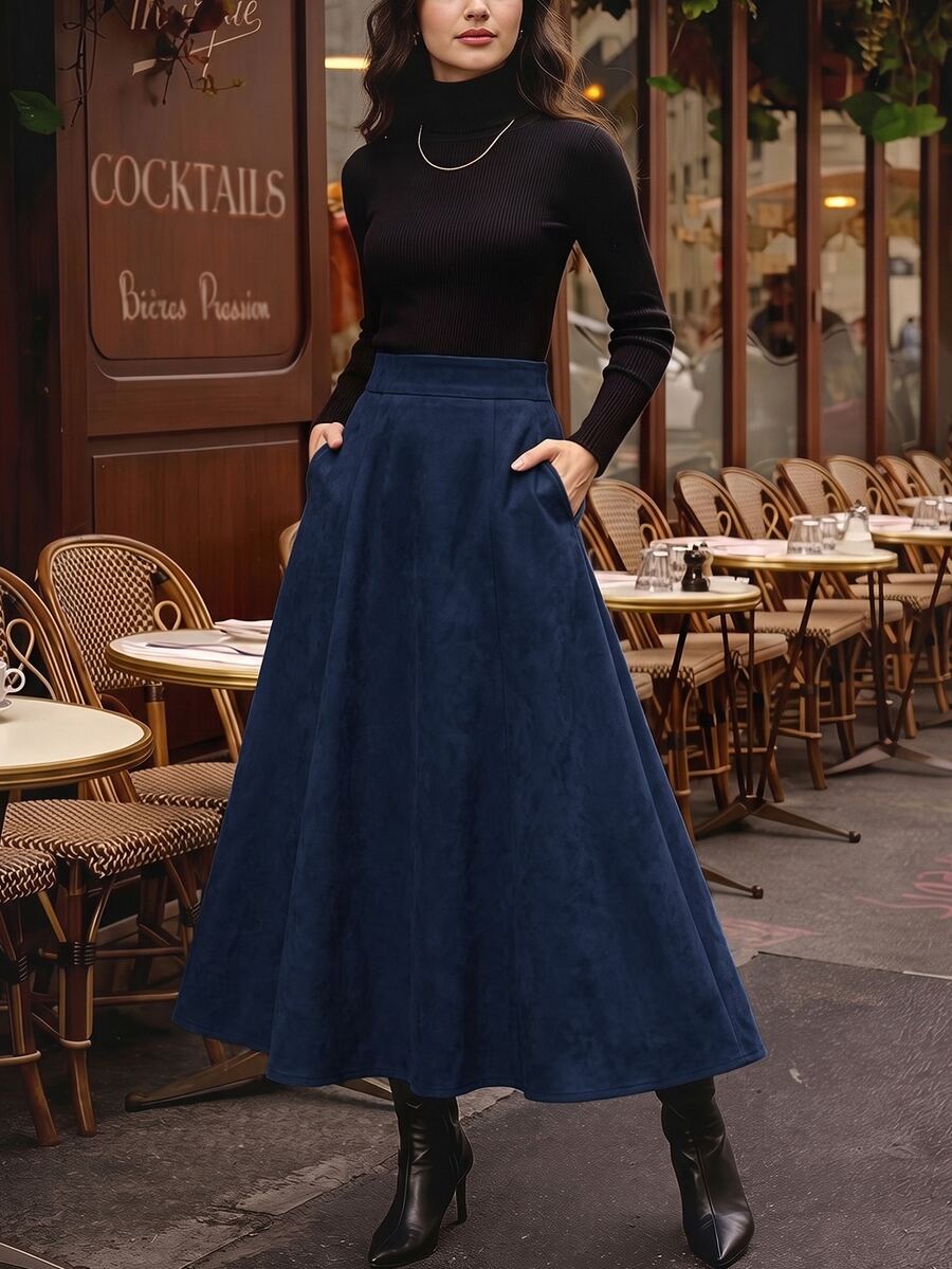 Vintamour Women's Solid Color Casual Versatile Daily Wear Skirt - Navy Blue - View 1