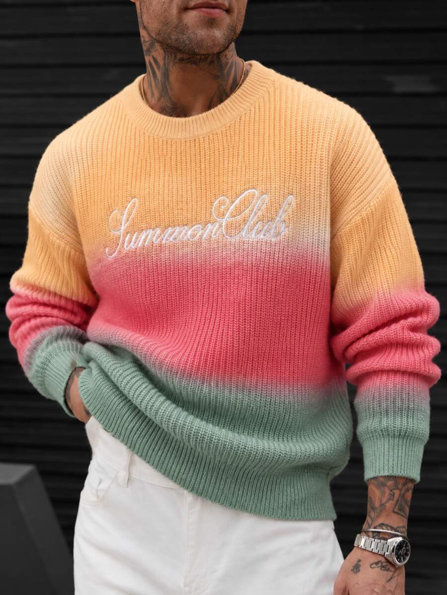 Manfinity Homme 男士漸層字母圖案圓領長袖秋冬毛衣 - 彩色 - 查看 1