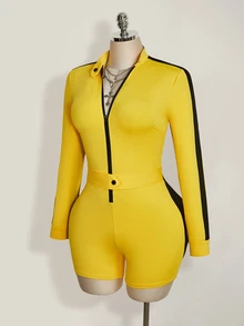 SHEIN ICON Plus Size Women's Zipper Front Long Sleeve Y2K Yellow & Black Contrast Color Romper, Halloween - Yellow - View 11
