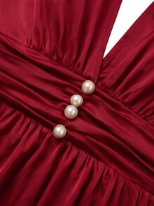 Velvienne Plus Size Halter Neck Deep V Satin Maxi Dress, Ruched Waist Pearl Decor Flowy Casual Evening Party Long Dress - Red - View 5