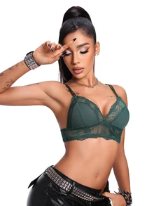AltBold 1pc Lace Patchwork Wireless Non-Padded Women's Bra - Dark Green - View 3