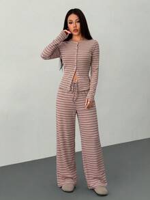 SHEIN PETITE 2件組女款休閒條紋前開扣長袖上衣與寬腿長褲套裝，春夏款 - 粉色 - 查看 5