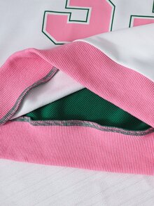 SHEIN 青少年女孩運動套裝，復古字母數字印花，綠色粉色拼色長袖衛衣上衣搭配寬腿長褲，日常休閒運動穿搭 - 綠色 - 查看 8