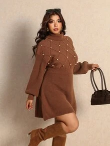 Elaquor Plus Size Women's Solid Color Faux Pearl Decor High Neck Long Sleeve Elegant Knit Dress - Multicolor - View 3