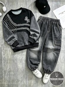 2件組小男孩時尚簡約舒適圓領衛衣與工裝褲套裝，簡約酷感英文字母滿版印花設計，適合假期派對聚會，休閒舒適，小男孩春夏秋冬首選時尚休閒穿搭，春夏秋冬街頭風，外出休閒穿搭，返校派對 - 黑色 - 查看 3