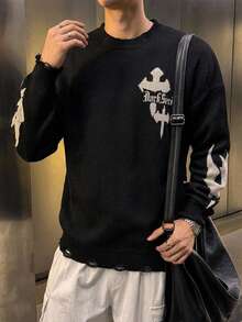 DAZY Men's Letter Pattern Casual Daily Long Sleeve Sweater - Black - View 6