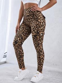 EMERY ROSE Plus Size Women's Leopard Print Cargo Pocket Skinny Casual Pants - Khaki - View 4