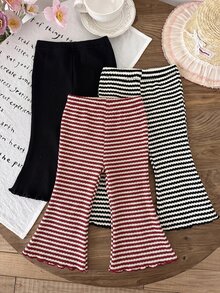 SHEIN LMoss Kids LMoss 3件組女嬰針織純色條紋休閒喇叭褲套裝 - 酒紅色 - 查看 3
