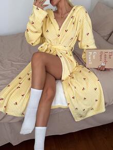 Softscene 女款冬季毛絨粉色格紋櫻桃印花連帽睡袍 - 黃色 - 查看 4