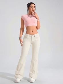 SHEIN Tall 街頭風辣妹低腰牛仔喇叭褲，附貼袋設計 - 米色 - 查看 3
