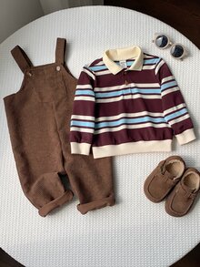 SHEIN 2件組男嬰秋冬休閒條紋針織 Polo 長袖套頭衛衣與燈芯絨連身褲套裝，嬰兒服飾，條紋套裝，連身褲套裝 - 彩色 - 查看 5