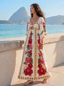 CAJUNI Tropical Vacation Cute Romantic Boho Flowers Long Dress - Multicolor - View 5