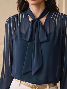 ZEYLAH Women's Tie Neck Casual Daily Wear Blouse - Navy Blue - View 2