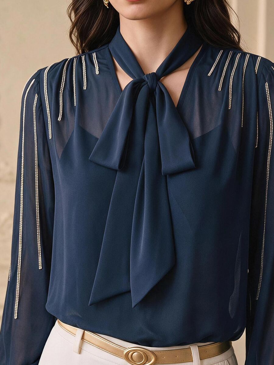 ZEYLAH Women's Tie Neck Casual Daily Wear Blouse - Navy Blue - View 1