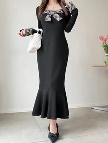 FRIFUL Women's Patchwork Plaid Bow Decor Long Sleeve Elegant Dress - Black - View 6