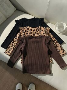SHEIN 3件組女童幼兒秋冬時尚嬰兒粉 + 經典純黑色荷葉袖圓領長袖基礎層T恤返校上衣 - 彩色 - 查看 2