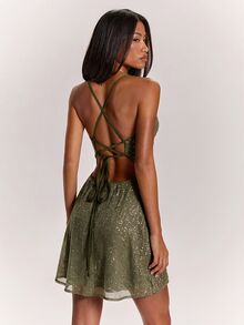 SHEIN BAE Women's Solid Color Sequin Fitted Spaghetti Strap Mini Dress For Party And Vacation - Dark Green - View 2
