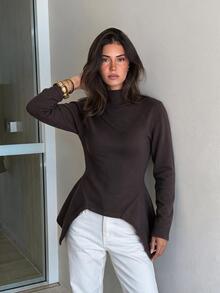 Siren Gaze Women's Solid Color High Neck Long Sleeve Asymmetric Hem Sweater - Chocolate Brown - View 3