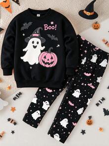 1 Set Random Young Girl Outfit Set,Animal Element Pattern Print Crew Neck Long Sleeve Ribbed Sweatshirt Paired Matching Pattern Print Long Leggings - Multicolor - View 5
