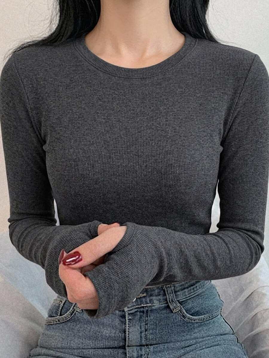 DAZY 女款純色修身百搭日常休閒T恤 - 灰色 - 查看 1