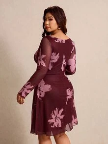 Elaquor 大尺碼女款拼色印花長袖洋裝 花卉春季優雅派對禮服 秋季 - 酒紅色 - 查看 2