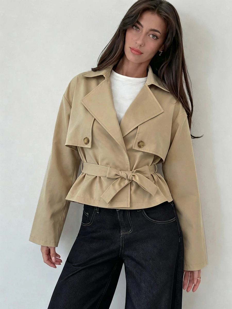 SHEIN Sparklyn Teen Girl Solid Color Waist Tie Casual Versatile Long Sleeve Jacket - Khaki - View 1