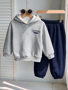 兒童小男孩休閒極簡寬鬆長袖連帽衛衣2件套，適合秋冬穿著 - 彩色 - 查看 5