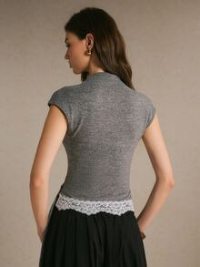 Poéselle Women's Lace Patchwork Casual Daily Short Sleeve Top - Grey - View 5