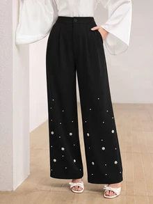 Modelyn Women's Gradient Pearl Decor Straight Leg Pants With Pockets, Elegant For Party And Banquet Wear Black Vintage Fall/Winter Formal - Black - View 4