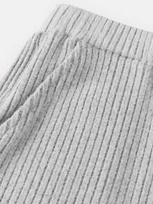 SHEIN Serisse Kids 兒童青少年女孩粉色秋季休閒羅紋套裝，兩款露肩口袋T恤上衣與直筒長褲，百搭返校兩件套 - 灰色 - 查看 8